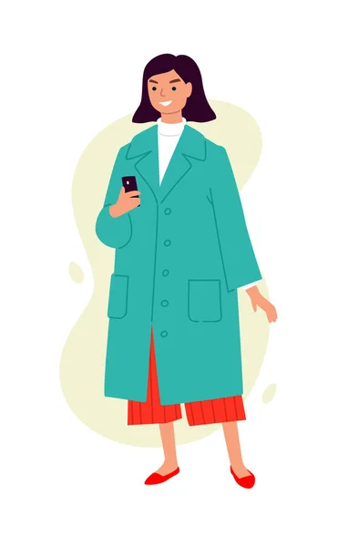 Illustrazione Una Ragazza Carina Con Cappotto Turchese Vettore Una Donna — Vettoriale Stock