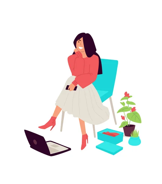 Ilustración Una Linda Chica Sentada Una Silla Vector Mujer Compradora — Vector de stock