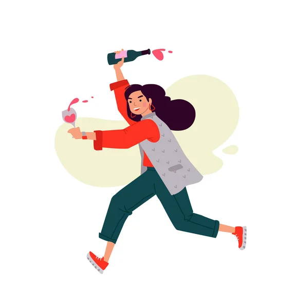 Ilustración Una Niña Con Una Copa Vino Una Botella Vector — Vector de stock