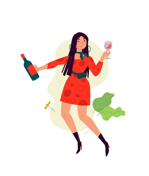 Ilustracja Dziewczyny Sukience Szklanką Wina Wektor Kobieta Świętuje Wakacje Pije — Wektor stockowy