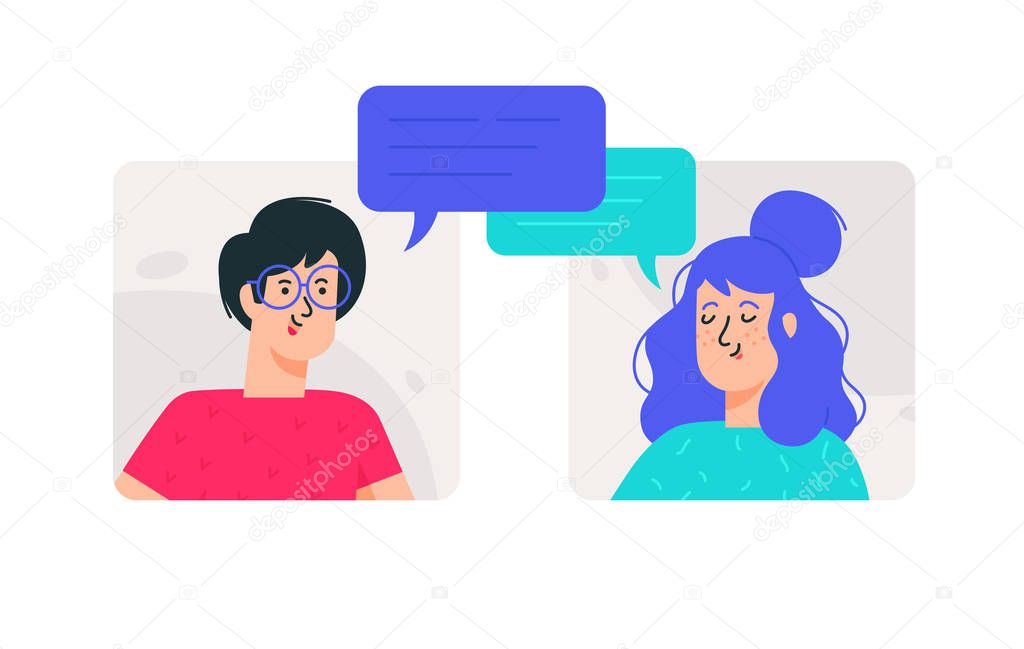 Illustrations of man and woman in ordinary images. Vector. The couple communicates on the Internet or live. Chatting young people. Avatars of a girl and a guy.