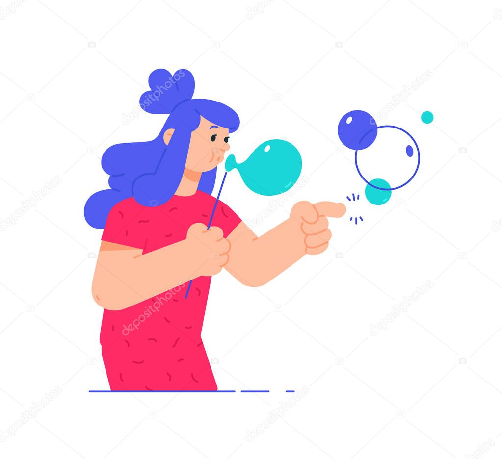 Illustration of a girl with soap bubbles. Vector. A woman in a pink dress makes dreams come true. Chatting, metaphor. Women's talk and gossip. Cute girlish look.