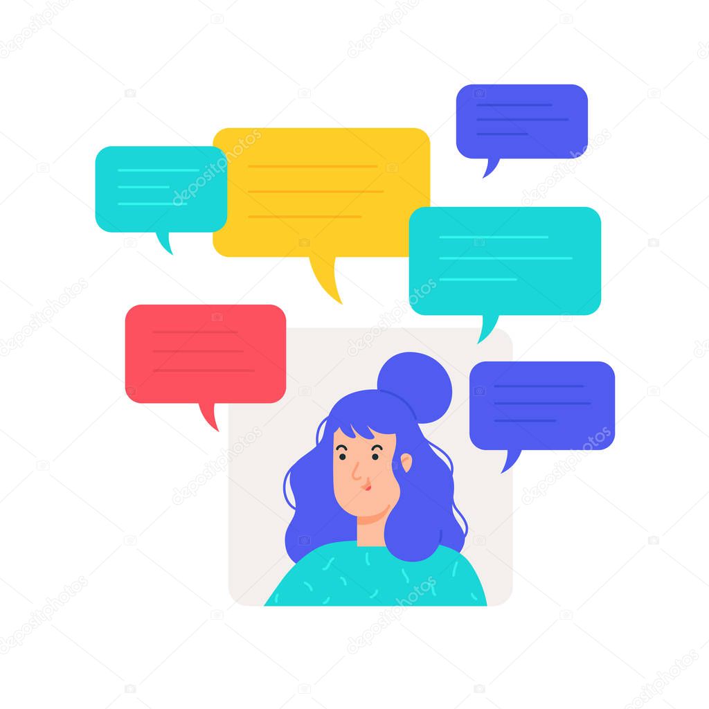Illustration of avatar girl with text messaging. Vector. Woman in a turquoise t-shirt on a gray background. User profile for the site. Chatting in the messenger. Comic bubbles. Women's talk and gossip.