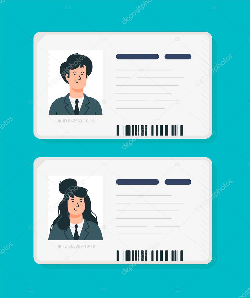 Plastic identification cards of a woman and a man. Vector. Car driver license isolated on a blue background. Flat cartoon style. Student, corporate pass.