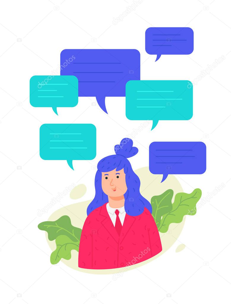 Illustration of a girl with text messaging. Vector. Woman in a pink jacket with comic bubbles. User profile for the site. Conversation in the messenger. Women's talk and gossip.