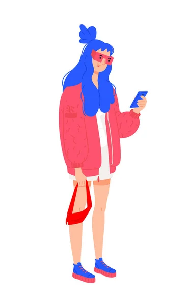 Ilustrace Mladé Dívky Červené Bundě Vektor Stylová Hipsterka Modrými Vlasy — Stockový vektor