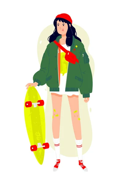 Ilustração Uma Menina Moda Com Longboard Vector Morena Uma Jaqueta —  Vetores de Stock