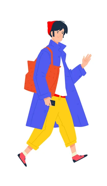 一个身穿蓝色斗篷 头戴棕色包的年轻人的画像 穿着黄色裤子的时髦嬉皮士 一个头戴红帽子 拿着电话的时髦男人 去商店购物的旅行 Shopaholic语 — 图库矢量图片