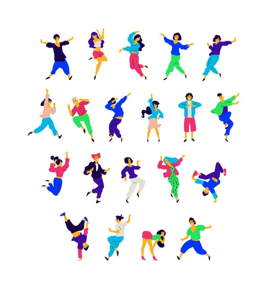 一群姿势和情绪不同的跳舞的人 男人和女人的例证 扁平的风格 一群快乐的青少年在跳舞 玩得很开心 用于包装的图 舞蹈工作室 — 图库矢量图片