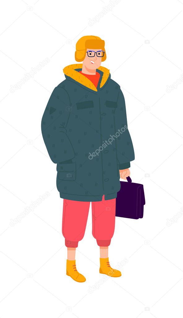 Illustration of a young man in winter clothes. Vector. Stylish hipster in a down jacket with a briefcase. Fashionable guy with glasses and green sneakers. Generation Z, Mellineal. A handsome boy. Flat style.