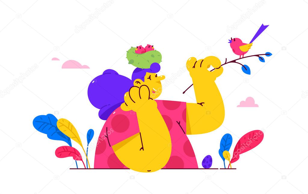 Illustration of a girl with a nest of chicks on her head. Vector. A woman listens to bird singing. Metaphor, concern for nature and children. Cartoon bird on a branch sings songs. The harmony of man and nature.