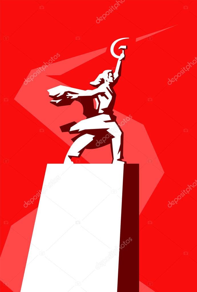 Illustration of the monument Worker and Collective Farm Girl. Vector. Monument, a symbol of the achievements of the Soviet people. Sickle and hammer in the hands. One of the symbols of Moscow. All-Russian Exhibition Center Moscow.