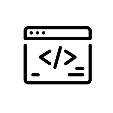 Kodlama ve programlama simgesi. Site düzeni. Beyaz arkaplanda vektör simgeleri. Moda doğrusal simgesi. Web sitesi ve yazdırma simgesi. Logo, amblem, sembol. Arayüz ögesi.