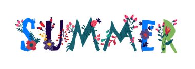 İngilizce yazıtları Summer. Vektör. Mektuplar. Bitki ve çiçek yaşamı. Vahşi yaşamın gücü bu. Harflerin etrafında çiçekler ve tomurcuklar. Yaz geldi. Düz stil. Davet için logo.