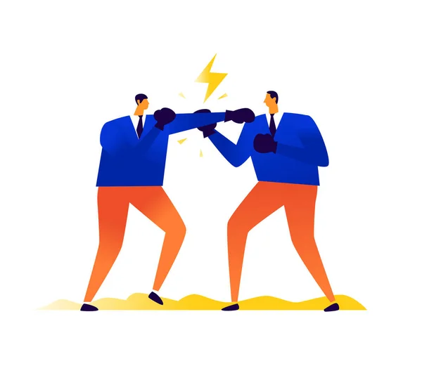 Illustration of businessmen boxing each other. Competition in business. Vector. Metaphor. Men hit each other. Conflict, quarrel and contention among people. Aggression between alpha males. Competition.