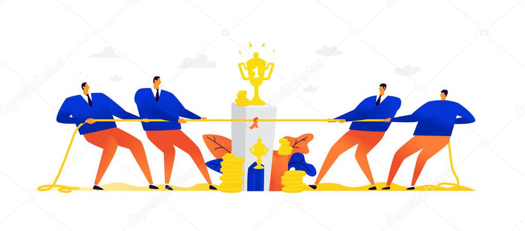 Illustration of two teams pulling a rope. Vector. Competitions between businessmen. Metaphor. Team sport. The battle for trophies, money and success. Conflict of interests of two businesses. Flat illustration.