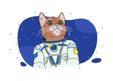 Illustrations of a cat astronaut. Vector. Pussy in space. Cartoon animal.