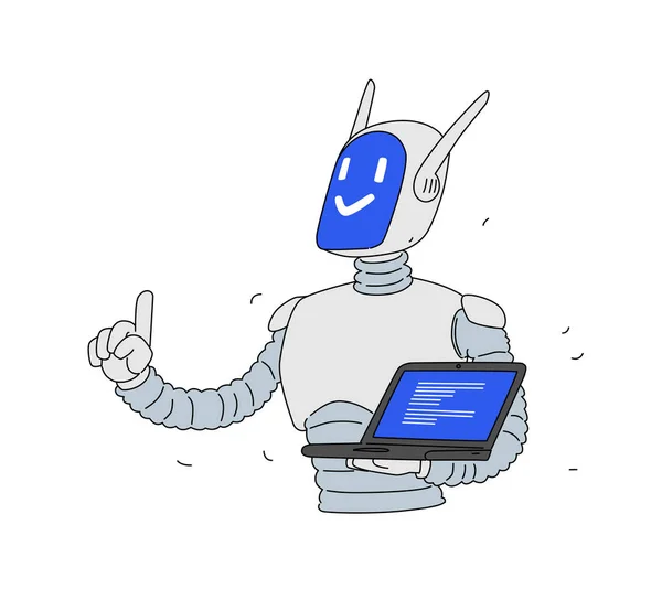 Ilustração Robô Com Laptop Vector Desenvolvedor Android Desenhos Animados Mascote — Vetor de Stock