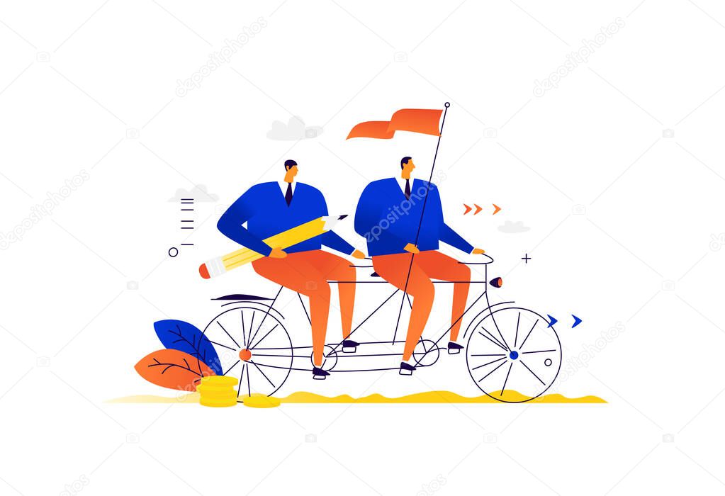 Businessmen ride a tandem bicycle. Vector. Friendly team of business partners. Partnerships between people. The leader with the flag leads the team to success. We work together. Flat illustration.