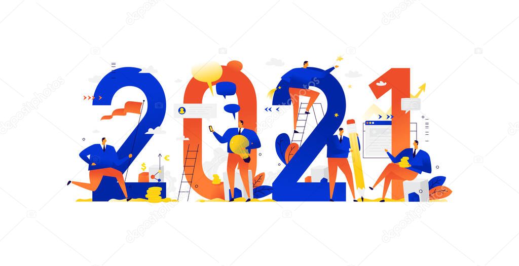 Office staff are preparing to celebrate the new year 2021. Vector. Businessmen among the big numbers. Life, communication and the transfer of experience. Saving investment, save and increase. Development in IT industry.