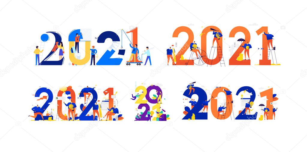 Office staff are preparing to celebrate the new year 2021. Vector. Businessmen communicate among large numbers. New year is new business plans. Save investment and search for creative ideas. Logo for the calendar.
