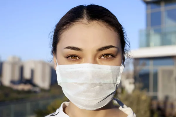 Woman wearing face mask because of Air pollution or virus epidemic in the city