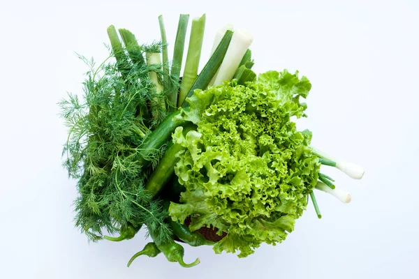 Vielfalt Grünem Gemüse Einer Kiste Auf Dem Tisch — Stockfoto