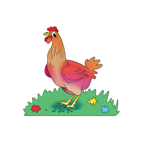 Cartoon hen pecks corn on a meadow — Stock Vector