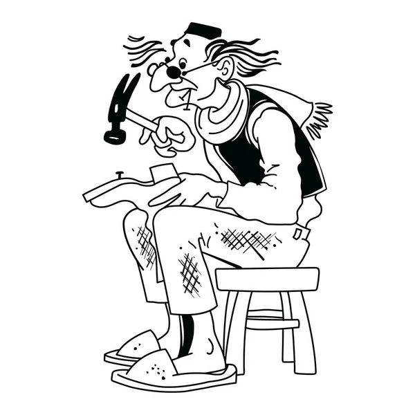 Ein alter Schuster sitzt auf einem Hocker und repariert Schuhe — Stockvektor