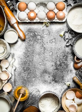 Fırın arka plan. Pişirme için maddeler çeşitli çerçeve.
