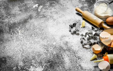 Fırın arka plan. Pişirme için bisküvi hazırlanması için malzemeler.