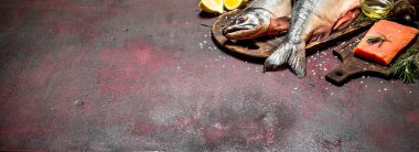 Baharat ve otlar ile taze somon. Rustik arka plan üzerinde.