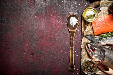 Taze balık filetosu ve baharat bir parçası ile. Rustik arka plan üzerinde.