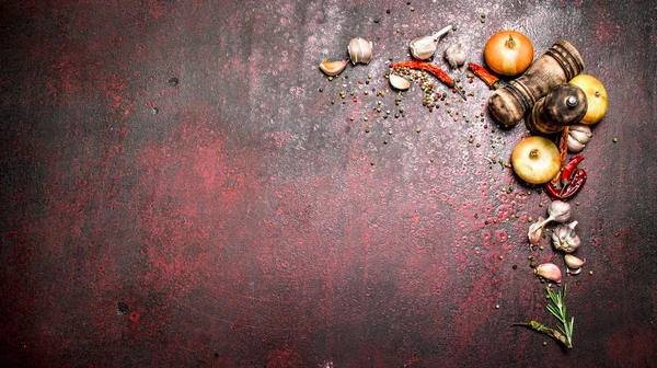Färska kryddor. En mängd aromatiska kryddor med chili paprika och lök. På rustika bakgrund. — Stockfoto