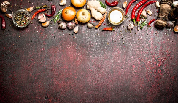 Spezie fresche. Una varietà di spezie aromatiche con peperoncino e cipolle. Su sfondo rustico . — Foto Stock