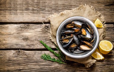 İstiridye, Limon ve biberiye ile fincan. Ahşap masa. 