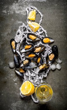 İstiridye şarap ve limon ile. Taş masanın üzerine.