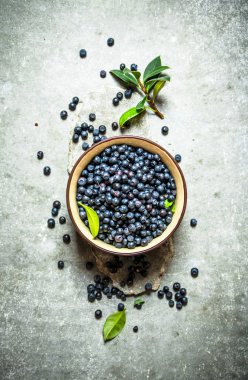 Yaprakları bir fincan ile yaban mersini. Taş masanın üzerine.