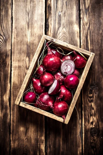 Fresh red onion in an old box. — Stock Photo, Image