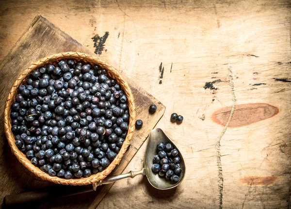 Blueberries in cup with a spoon. — Stock Photo, Image