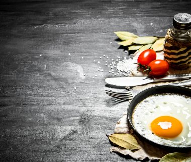 Sahanda yumurta domates ve tuz. Siyah ahşap arka plan üzerine.