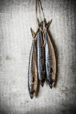 Çiğ balık bir ip üzerinde asılı.