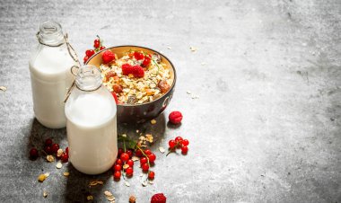 Fitness gıda. Çilek ve süt ile müsli.