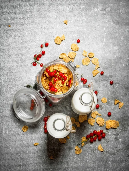 Fitness food. Muesli with berries and milk. — Stock Photo, Image