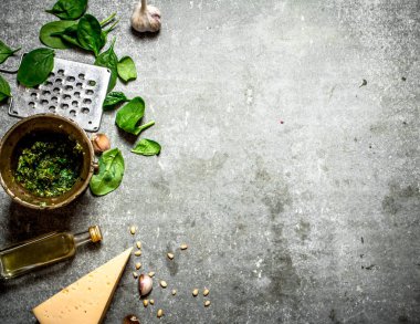 İtalyan pesto için farklı malzemeler.