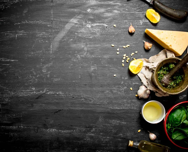 İtalyan pesto için taze malzemeler.