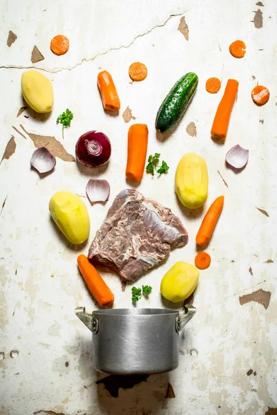 Maceta y varias verduras con carne . — Foto de Stock