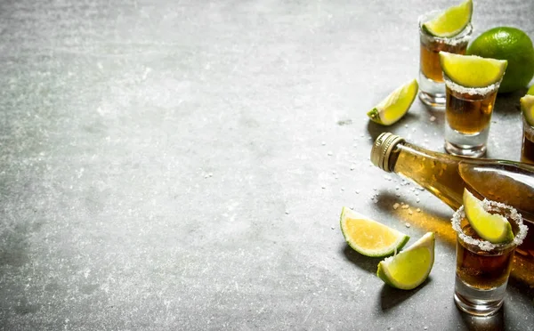 Bottle of tequila with lime and salt. — Stock Photo, Image