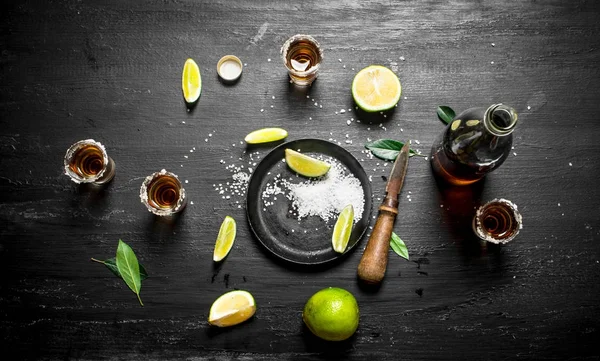 Garrafa de tequila com copos de shot, limão fresco e sal . — Fotografia de Stock