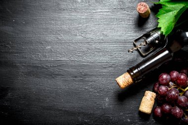 Kırmızı şarap mantarlar ve üzüm bir dalı ile.